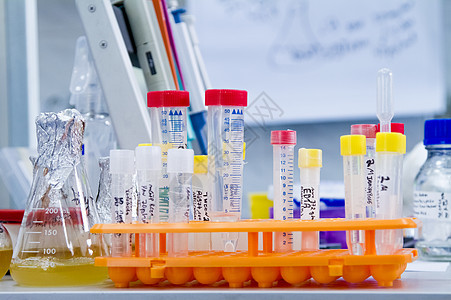 桌子上有测试管的三脚架实验蓝色化学烧瓶制造业科学家们实验室化学品训练管子图片