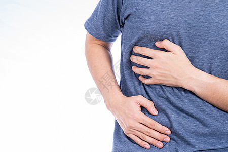 男人触摸胃部 腰部或肝脏姿势的手与白种背景隔绝 保健和医疗概念肝细胞治疗药品肝炎图表疤痕感染解剖学组织胰腺背景图片