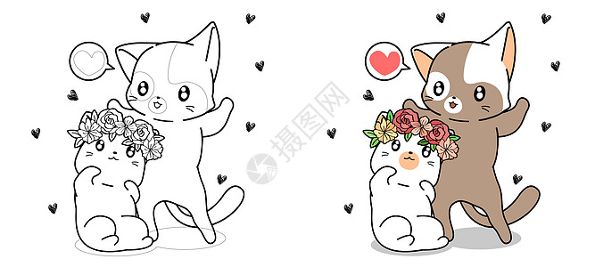 情侣猫坠入爱河卡通彩图成人插图小猫打印彩页填色本动物艺术禅绕黑与白图片