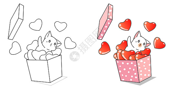猫和心在盒子里为孩子的情人节卡通着色页图片