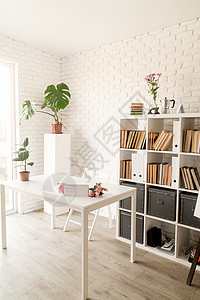 室内 书架和工作空间等时装室装饰房子风格公寓椅子家具架子办公室白色电脑图片