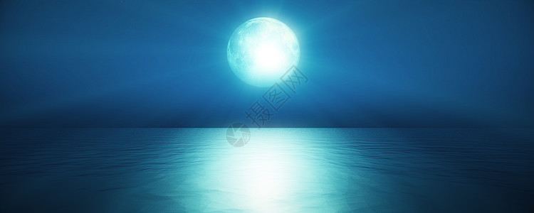 满月在天空背景反射在海水中  3D仁德行星海滩海景墙纸海浪月光3d月亮渲染镜子图片
