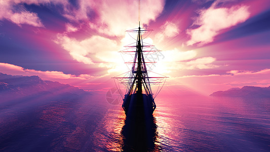 旧船在海上日落航行运输天空历史帆船历史性阳光古董插图射线图片