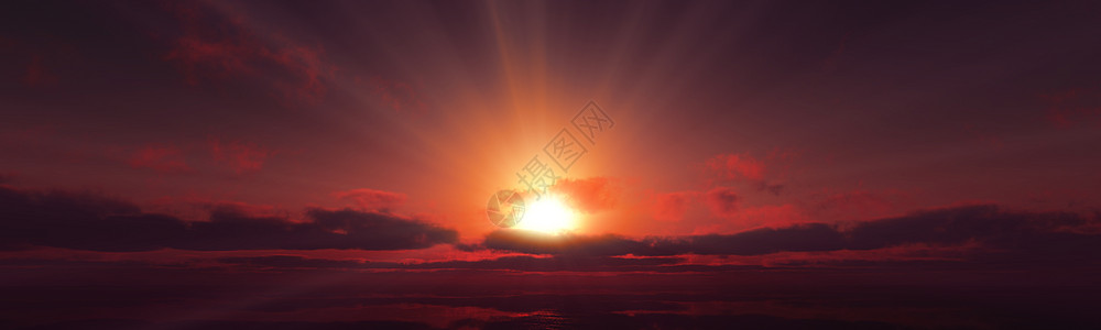 日落平静地海太阳光线 3d rende热带海浪插图地平线阳光海洋场景全景射线天气图片