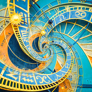 基于布拉格天文钟的 Droste 效果背景 与占星术和幻想相关的概念的抽象设计困惑手表月亮天文星系时间八字星星科学催眠图片