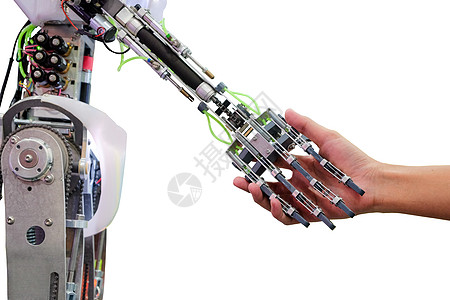 机器人手臂人工智能和握手的人背景