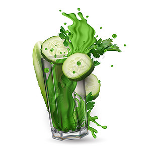 黄瓜切片 菜叶和杯子里的绿色果汁喷洒图片