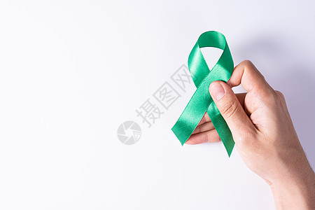 世界肾日 握着绿丝带的手 对肾病的认识 孤立的白种背景癌症帮助诊断捐款保险机构病人研究器官世界图片