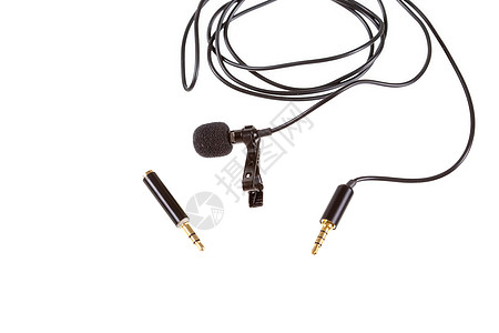 小型洗手式麦克风或装有剪夹和计算机适配器的薄膜扩音器耳语适配器电缆工具乐器收音机嗓音翻领记录白色图片