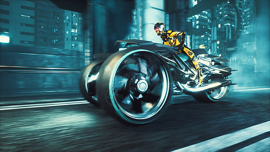一个控制论机器人骑着一辆未来派的摩托车沿着未来城市的夜街疾驰 霓虹灯科幻城市的景色  3D 渲染图片