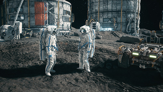 宇航员在月球车附近的月球基地会面 在太空基地工作的月球殖民地和宇航员的视图 3D 渲染旅行环境科幻天文火箭星星世界流动星系轨道图片