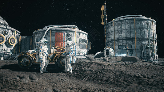 宇航员在月球车附近的月球基地会面 在太空基地工作的月球殖民地和宇航员的视图 3D 渲染飞船轨道陨石世界环境月亮天文学旅行天文地球图片