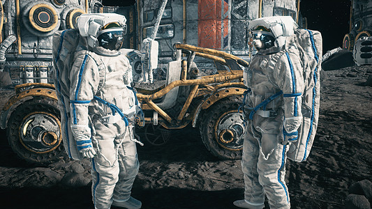 宇航员在月球车附近的月球基地会面 在太空基地工作的月球殖民地和宇航员的视图 3D 渲染陨石气氛宇宙地球星系科学技术环境勘探科幻图片