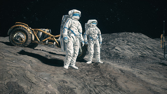 月球车附近的宇航员欣赏他们月球殖民地的月球基地 月球表面和太空基地的视图 3D 渲染科学世界天文宇宙飞船陨石行星环境火箭月亮图片
