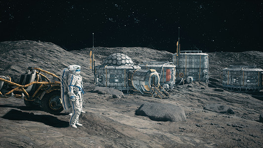 月球车附近的宇航员欣赏他们月球殖民地的月球基地 月球表面和太空基地的视图 3D 渲染星星轨道地球行星月亮飞船流动卫星科学星系图片