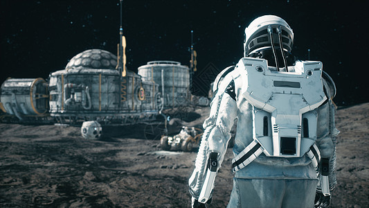 宇航员接近他的越野车 在未来的空间基地 3D投标星系旅行地球月亮宇宙勘探殖民太空人运输科幻图片