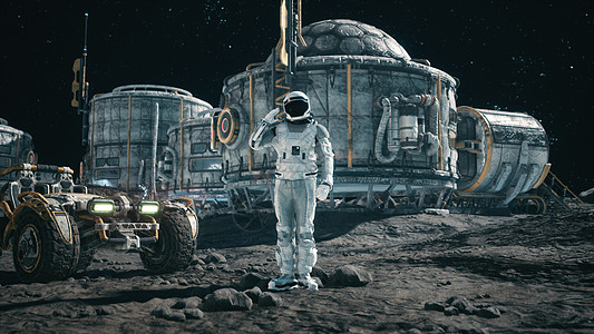 宇航员研究员在空间基地和行星变迁者3D射程的背景之下致以敬意月亮月球地球技术科幻旅行车站星系轨道科学图片