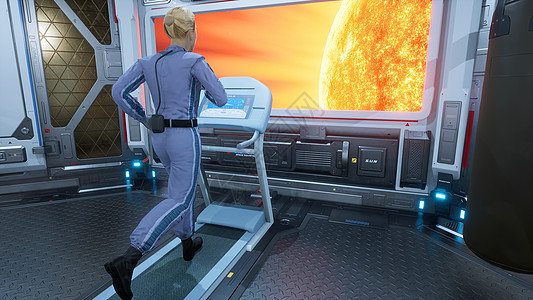 一名女宇航员运动员在健身房的跑步机上跑步 在一艘未来派宇宙飞船上 在舷窗前俯瞰一颗燃烧的星星  3D渲染气氛女性小说训练地球世界图片