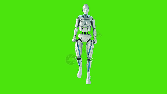 在绿色屏幕上行走的未来类人机器人 3D 渲染图片
