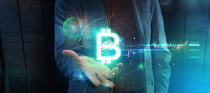 比特币技术Bittcoin 信息地理图在男人手掌上的虚拟投影 3D市场套装商务全息电脑贸易网络棕榈投影显示器背景