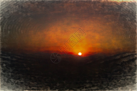 山中夕阳的数字绘画水彩土地墙纸橙子艺术品山脉风景全景戏剧性太阳图片