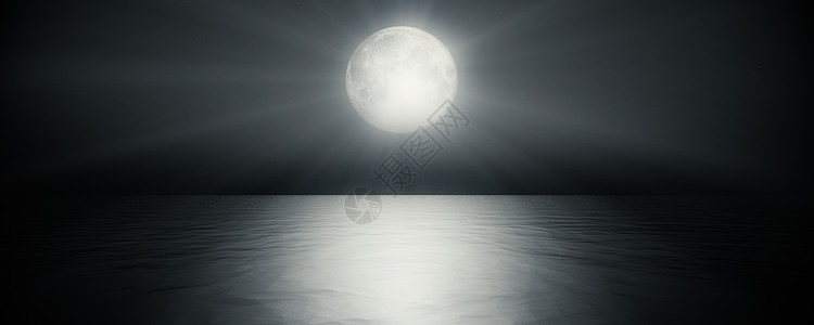 满月在天空背景反射在海水中  3D仁德海景行星天堂渲染风景镜子海滩海浪墙纸月光图片