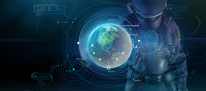 全息投影与一个身着太空服和信息图的男人一起的绝妙海报 3D Mature小说电脑数据技术勘探全息外星人星系舷窗数组背景