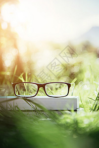 户外学习 公园户外书本上的眼镜 春季教科书平方假期空闲教育花园知识文化绿色阳光图片