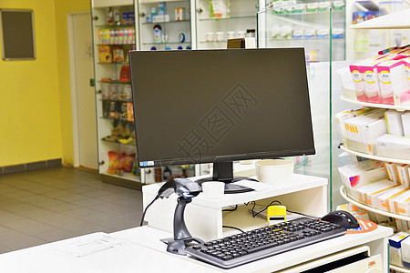 收银台  药房的电脑和显示器 药物和维生素商店的内部 用于健康和健康生活方式的药物和维生素零售药剂师科学卫生医生店铺药剂学产品处图片