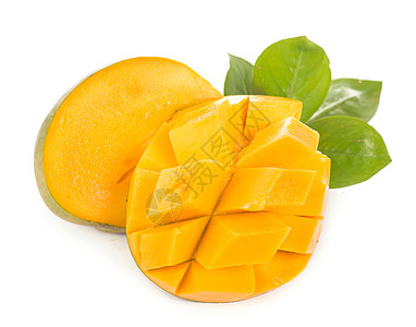 奇异多汁的芒果水果和白本孤立的叶子饮食工作室异国食物美食热带营养维生素甜点宏观图片