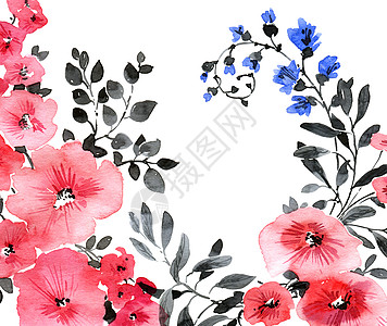 红色水彩鲜花和叶子花束植物群问候语粉色绘画水彩艺术植物柳条蓝色手绘背景