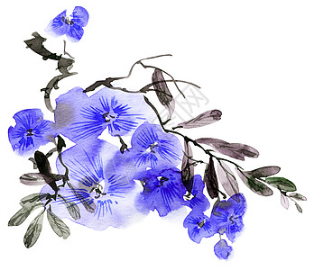 水彩花树手绘刷子手工艺术植物墨水绘画罪恶花瓣蓝色图片