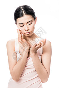 女性对敏感皮肤施用面部润湿霜洗剂修理奶油女士芳香抗皱润肤补水水分美味图片