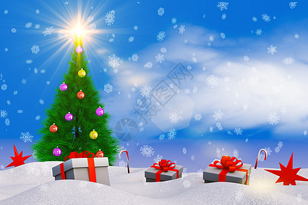 圣诞树和礼物星星松树庆典季节金子展示蓝色雪花盒子假期图片