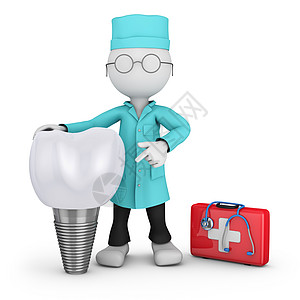 牙医和种植牙医疗手提箱插图医生口腔科牙疼白色男人渲染红色图片