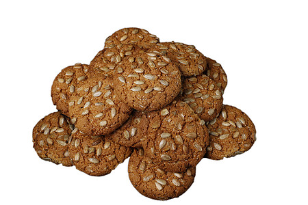 白色背景上的燕麦饼干美食谷物甜点粮食圆圈面包早餐麦片巧克力食物图片