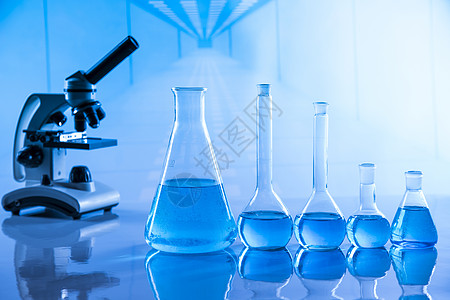 实验室水箱 科学实验 蓝底植物显微镜测试插图蓝色玻璃反射器皿化学品烧瓶化学图片