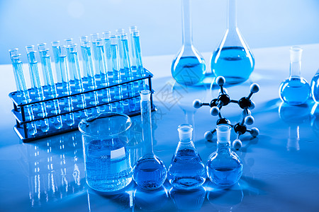 实验室水箱 科学实验 蓝底植物化学技术烧瓶显微镜蓝色生物反射医疗测试药品图片