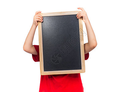 儿童在白色背景上拿着黑板的小孩男生知识头脑学习者课堂粉笔手势孩子们木板学校图片