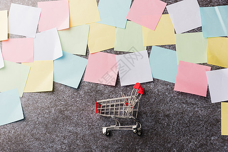 与购物车一起的空白纸贴纸笔记列表记忆办公室购物零售销售市场邮政商业工作店铺图片