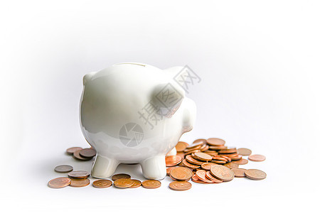 有硬币的存钱罐 白色陶瓷存钱罐现金商业玩具预算盒子储蓄金融订金银行业退休图片