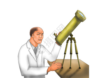 一个穿白大衣的科学家 坐在桌子上 透过显微镜观察图片