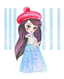 在孤立的背景下画着蓝裙子和红贝雷帽的 水彩小公主图示图片