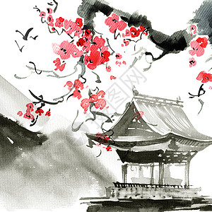 和塔楼墨水花朵文化插图宝塔水彩旅行樱花艺术手绘图片