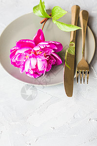 夏季花花概念与青绿色婚礼桌子餐具紫色牡丹派对乡村桌面环境粉色背景图片