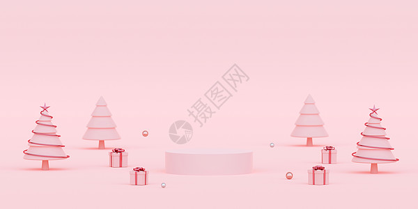 带圣诞装饰品和 gifts3d 渲染的讲台场景图片