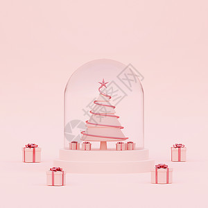 雪球中的圣诞树 粉红色背景 3d 渲染中的圣诞礼物图片