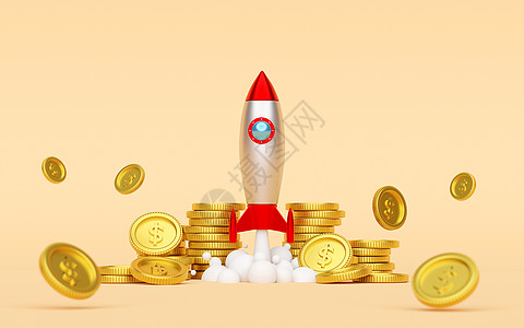 金币icon商业启动概念火箭从地面发射与美元 coin3d 渲染背景