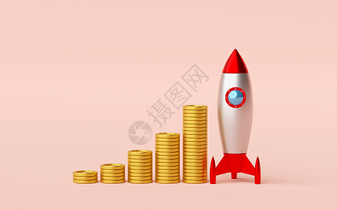 金币icon商业启动概念堆栈的金币与 rocket3d 渲染背景