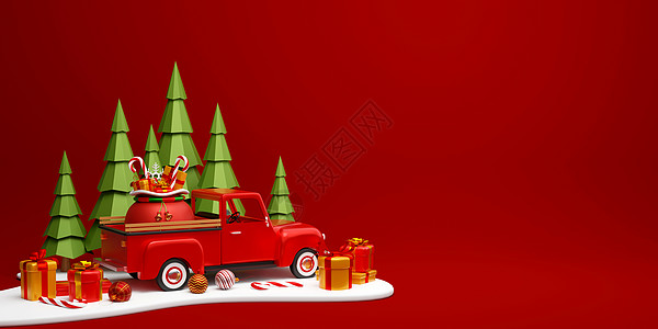 松林 3d 图案中带礼品袋的圣诞卡车圣诞横幅图片